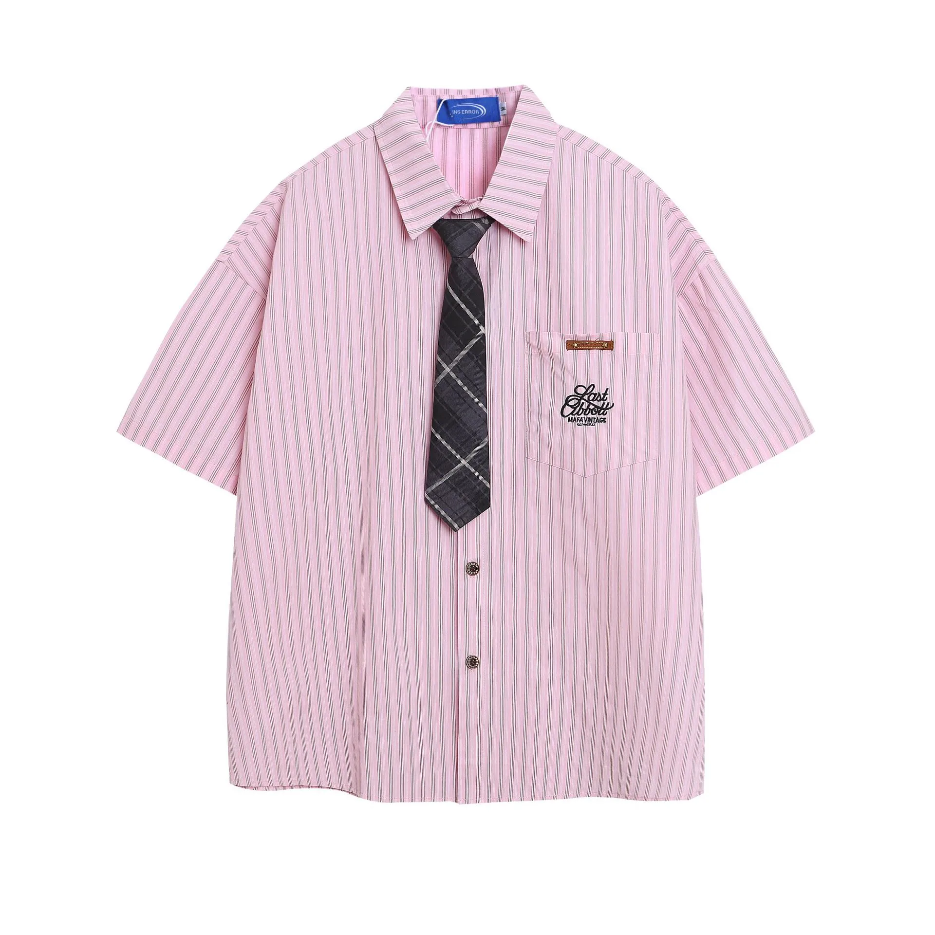 Jiayiku Men's  New American Retro Campus Fashion Couple Striped Tie Shirt Short Sleeve For Men And Women display picture 5