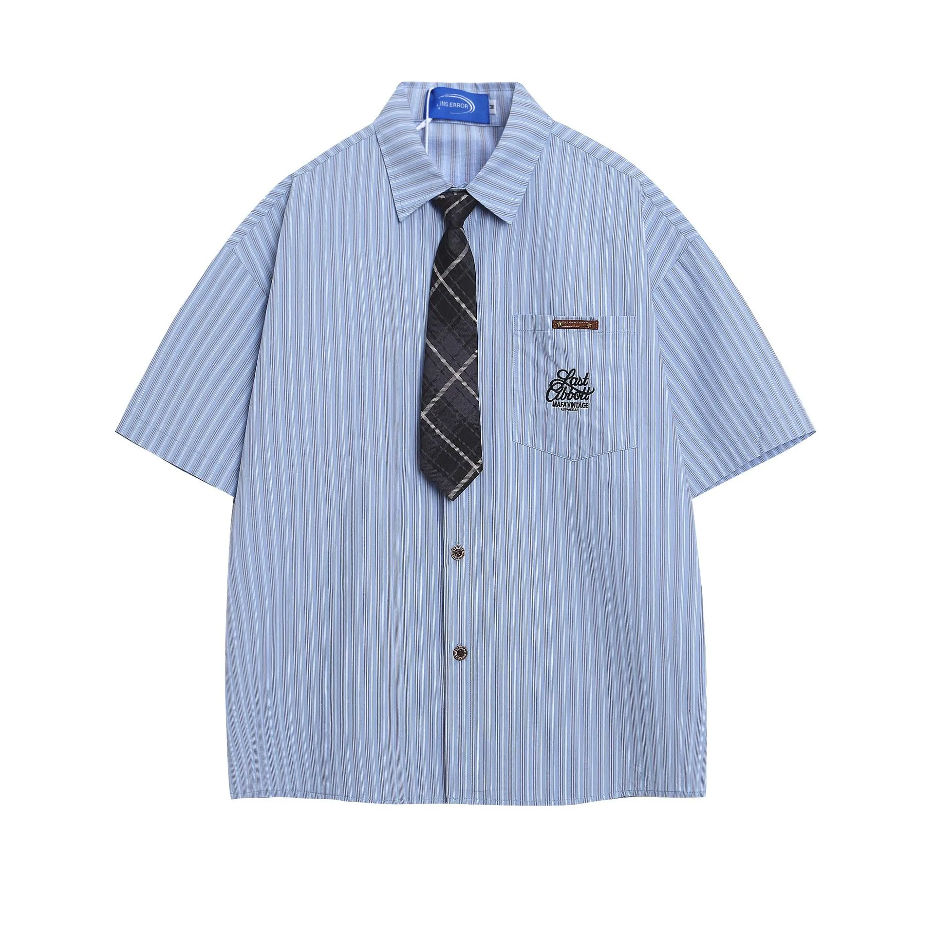 Jiayiku Men's  New American Retro Campus Fashion Couple Striped Tie Shirt Short Sleeve For Men And Women display picture 7