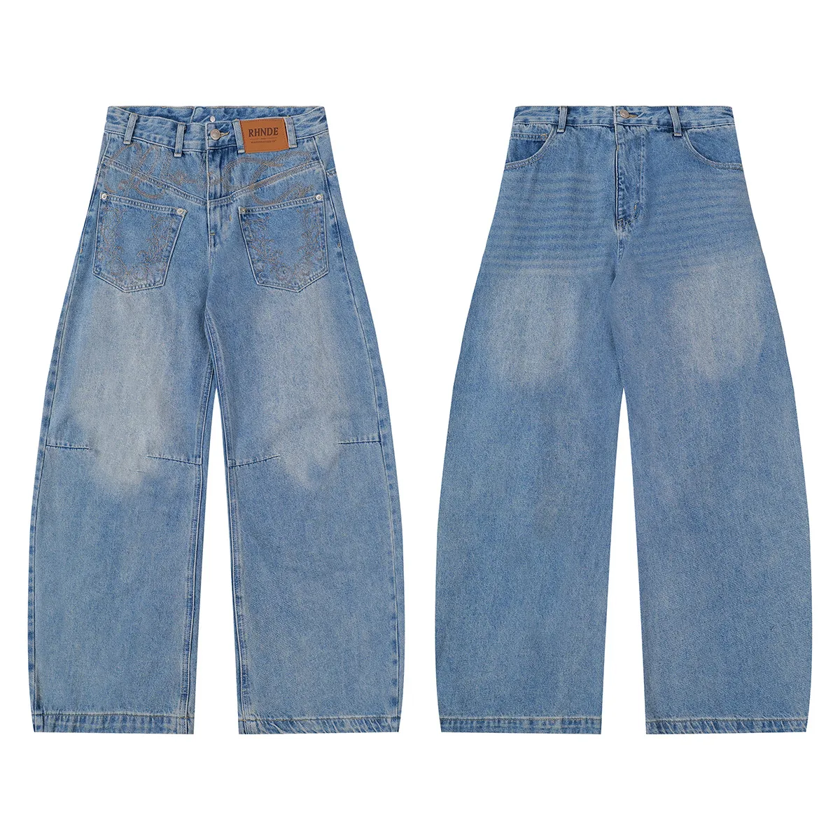 Jiayiku Men's  New American Vintage Embroidered Washed Jeans Men's And Women's Vibe Machete Wide Leg Pants display picture 8