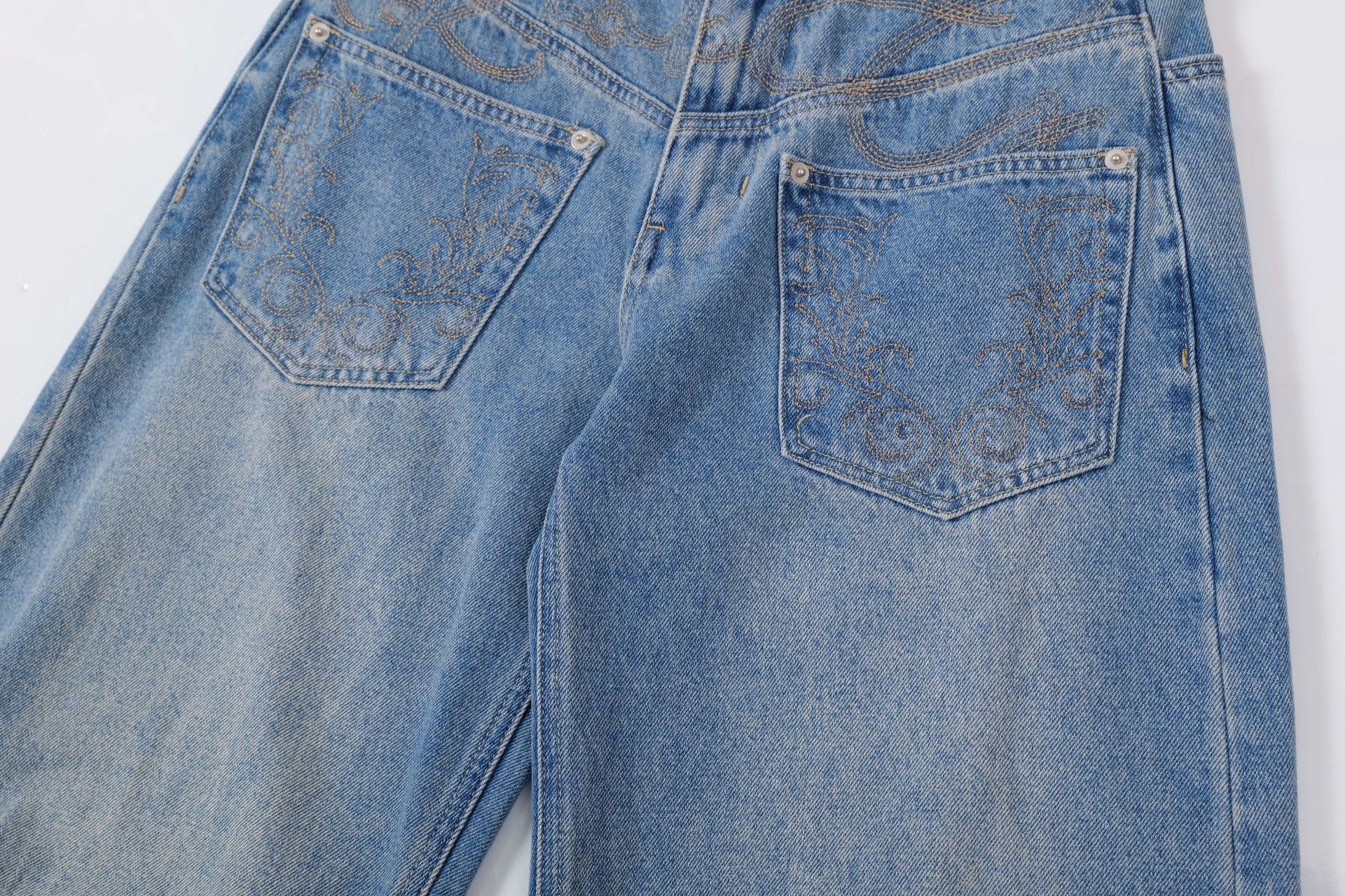 Jiayiku Men's  New American Vintage Embroidered Washed Jeans Men's And Women's Vibe Machete Wide Leg Pants display picture 10