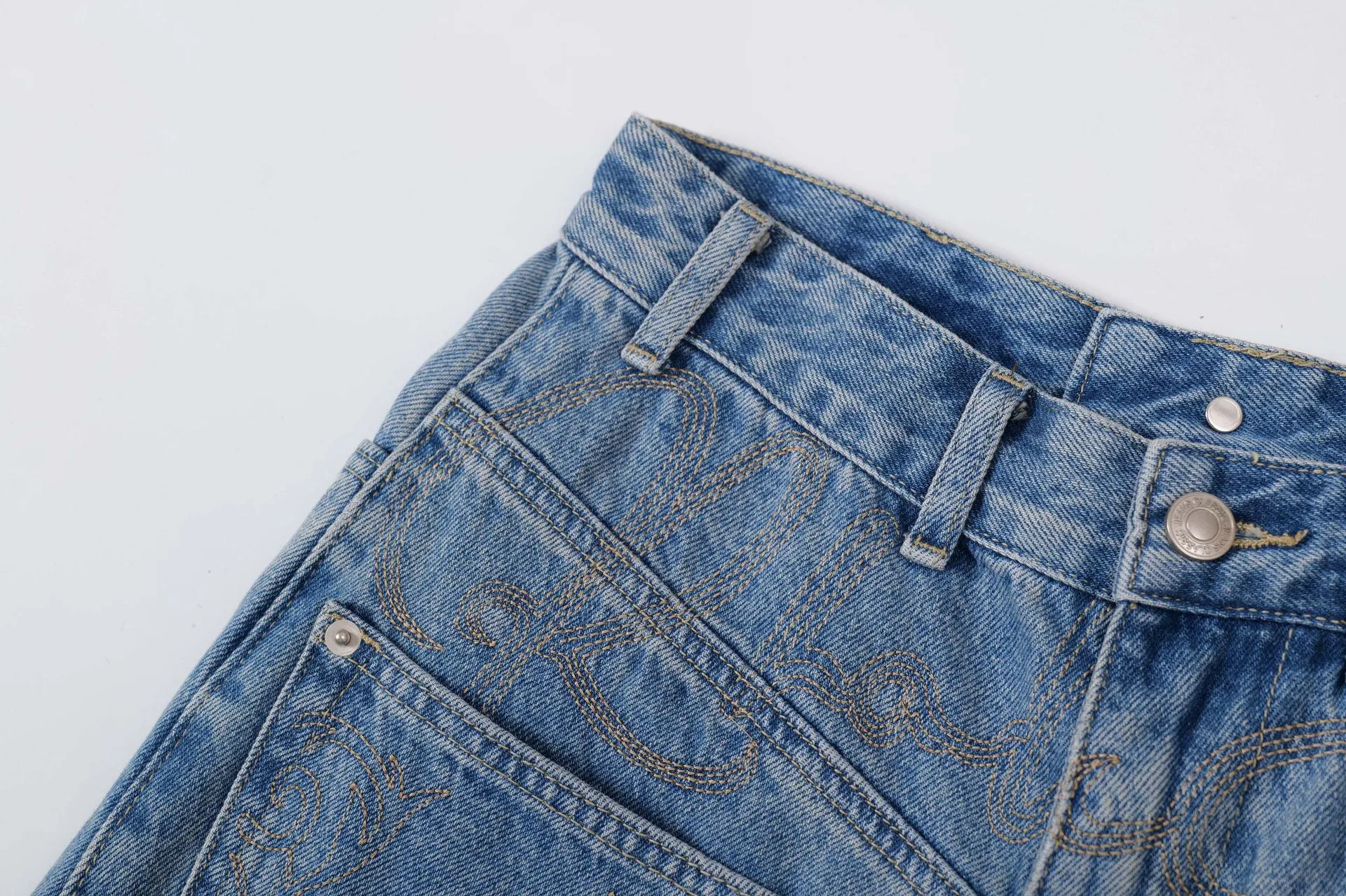 Jiayiku Men's  New American Vintage Embroidered Washed Jeans Men's And Women's Vibe Machete Wide Leg Pants display picture 14