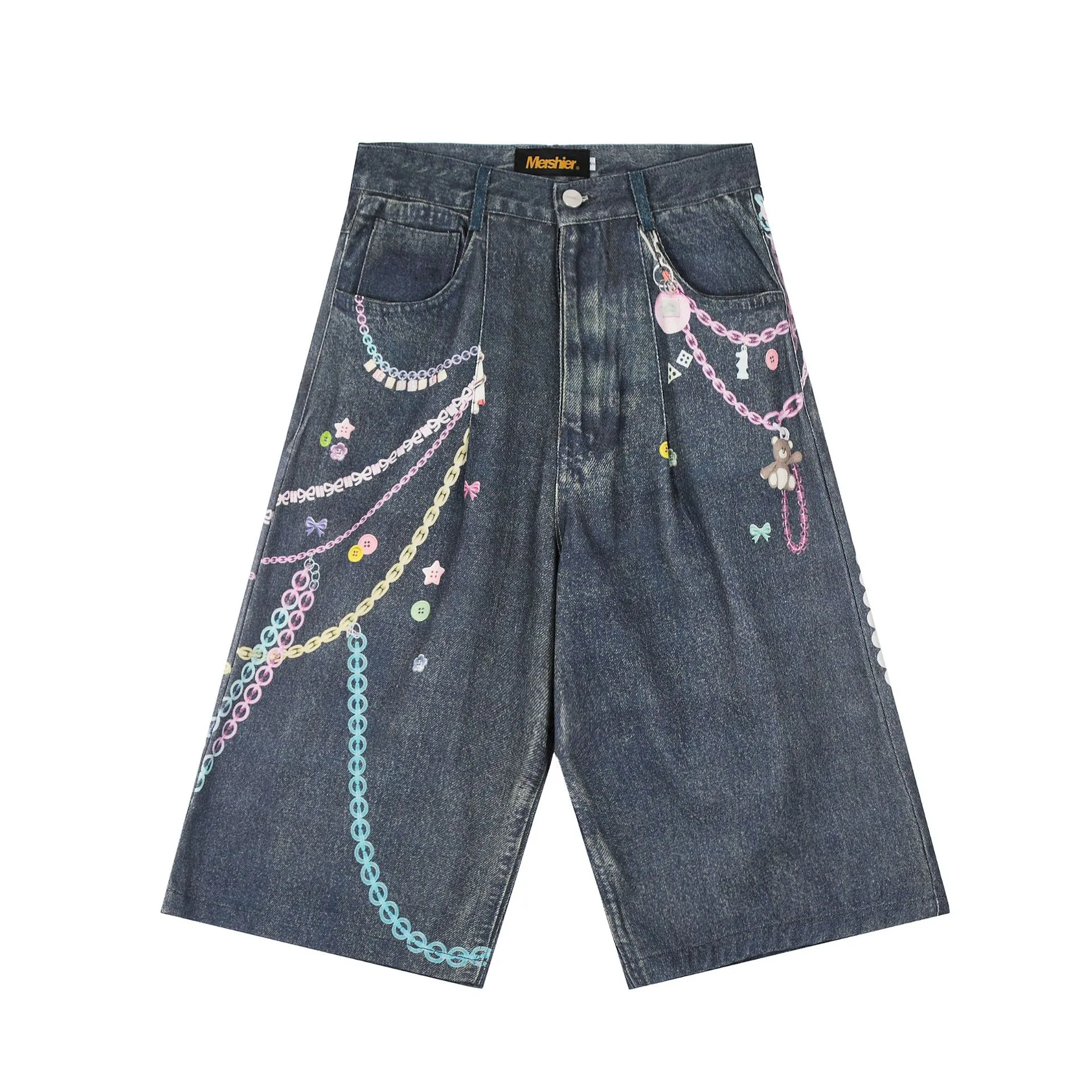 Jiayiku Men's   High Street Fashion Brand Denim Shorts 3D Printed Baggy Wash Pants For Men And Women display picture 3
