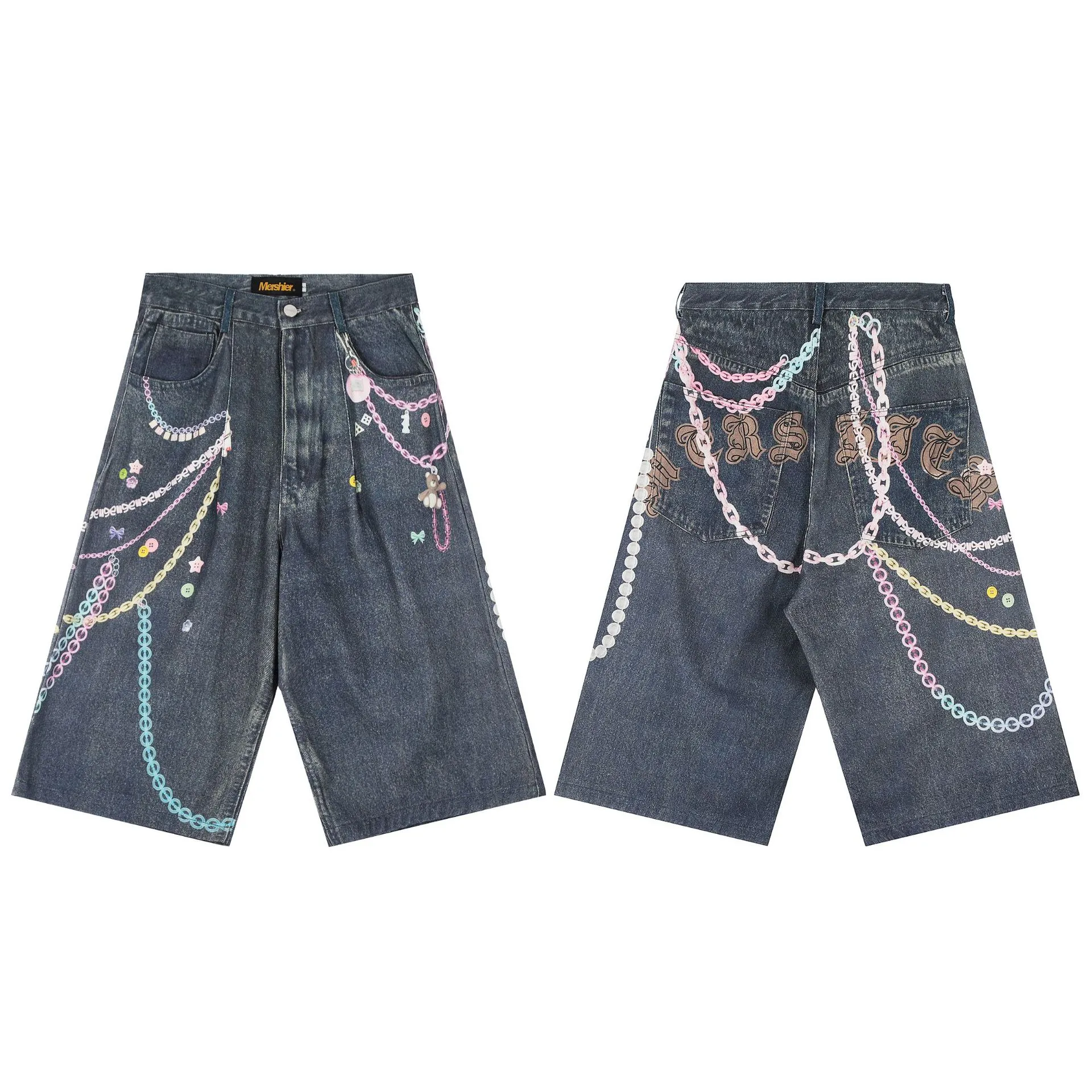 Jiayiku Men's   High Street Fashion Brand Denim Shorts 3D Printed Baggy Wash Pants For Men And Women display picture 2