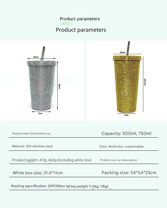 New Diamond-encrusted Insulated Water Cup Double-layer Diamond Tapered Straw Cup Beverage Cup Drinking Cup display picture 3