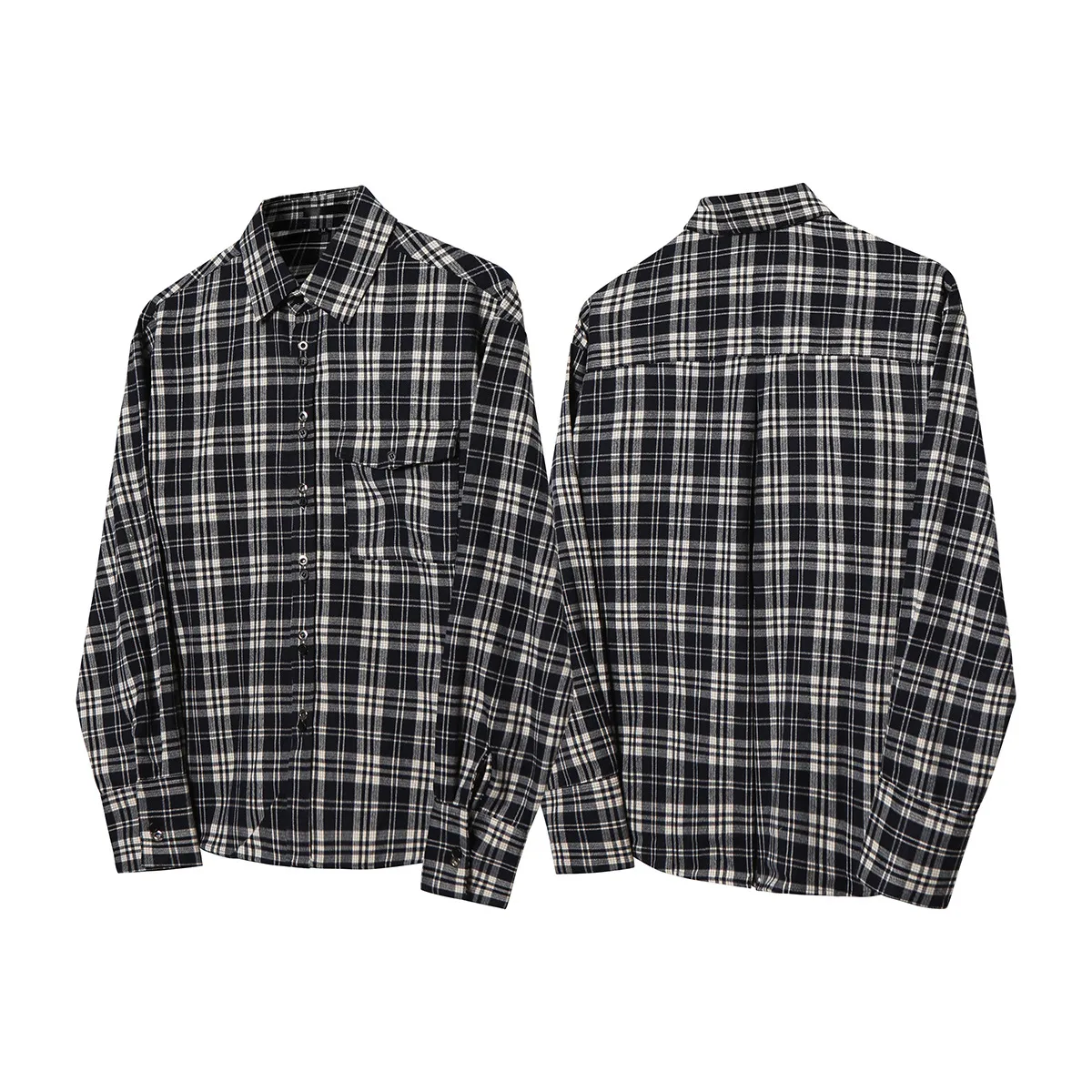 Jiayi Library Men's  Spring American Retro Cleanfit Patchwork Plaid Shirt Black And White Plaid Shirt Simple display picture 2
