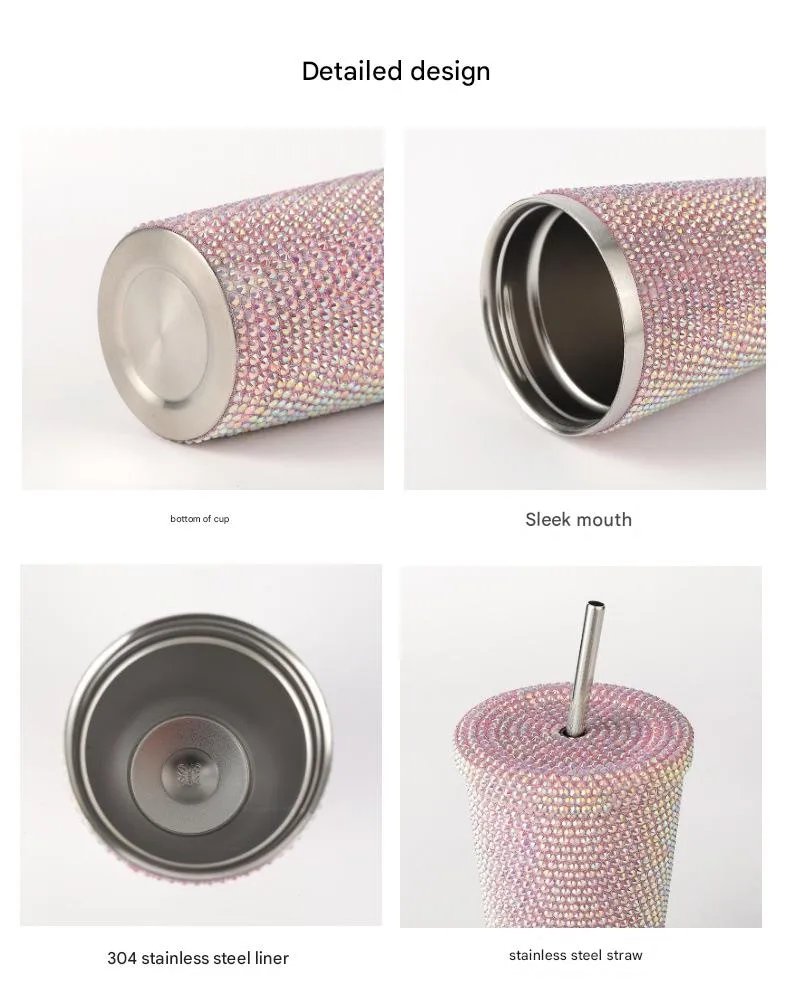 New Diamond-encrusted Insulated Water Cup Double-layer Diamond Tapered Straw Cup Beverage Cup Drinking Cup display picture 2