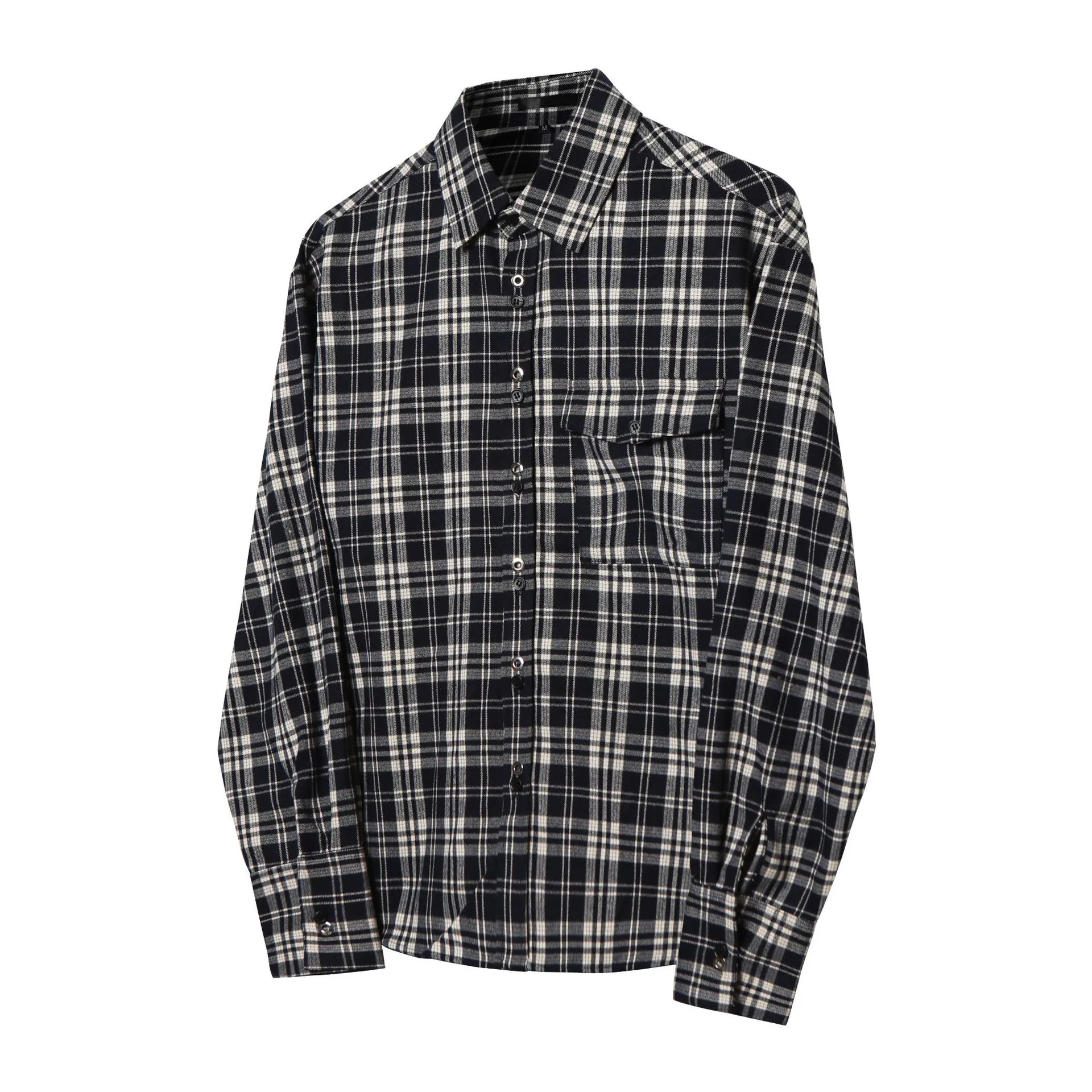 Jiayi Library Men's  Spring American Retro Cleanfit Patchwork Plaid Shirt Black And White Plaid Shirt Simple display picture 3