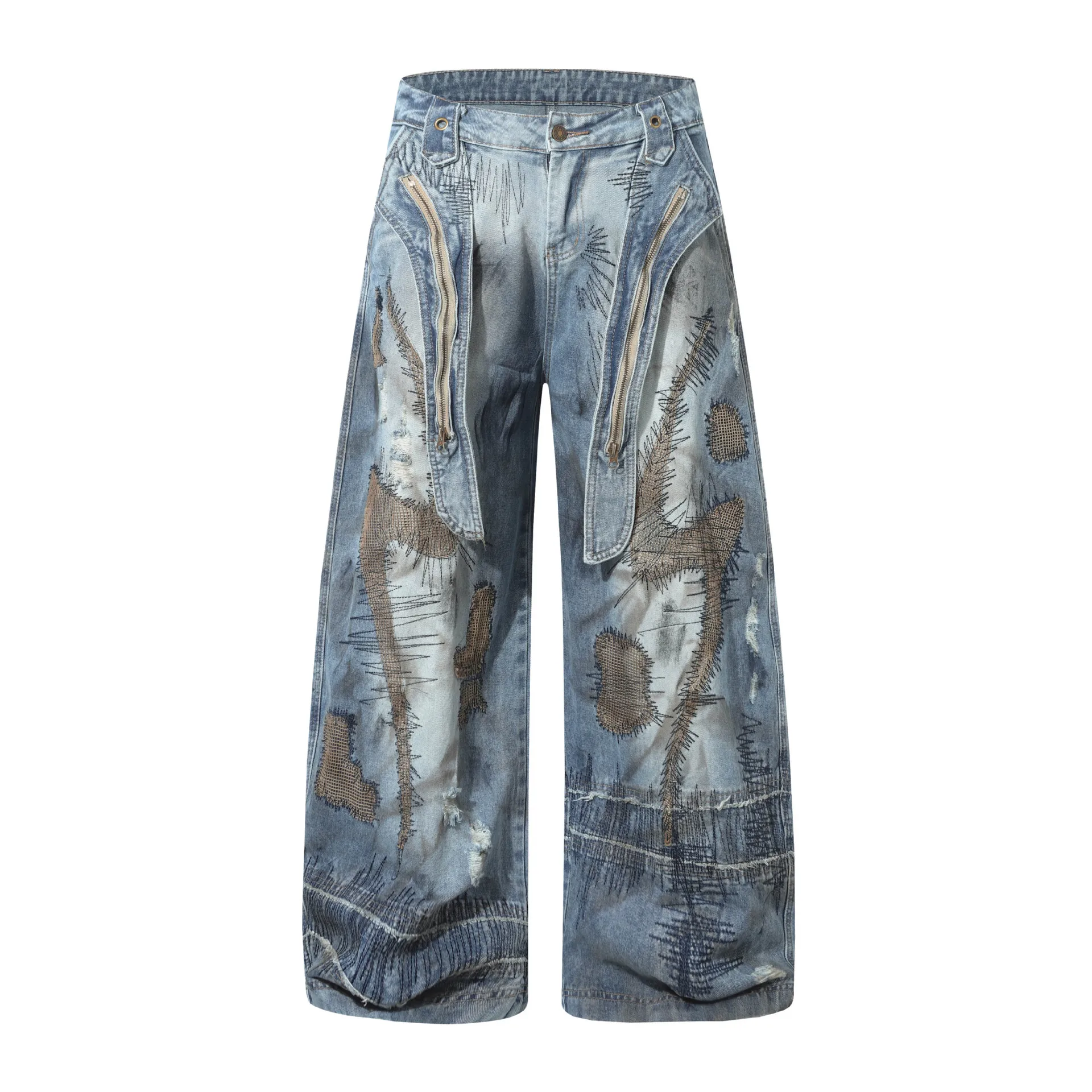 Jiayi Library Men's  New American High Street RO Style Heavy Washing Shaped Scimitar Jeans Wide Leg Pants display picture 4