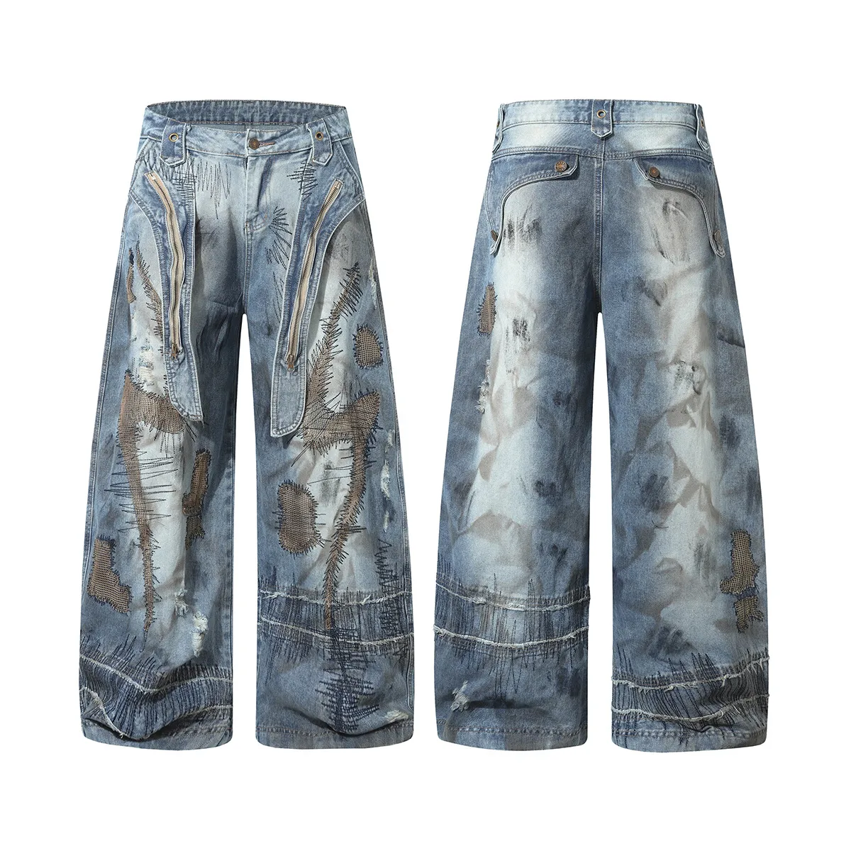 Jiayi Library Men's  New American High Street RO Style Heavy Washing Shaped Scimitar Jeans Wide Leg Pants display picture 2