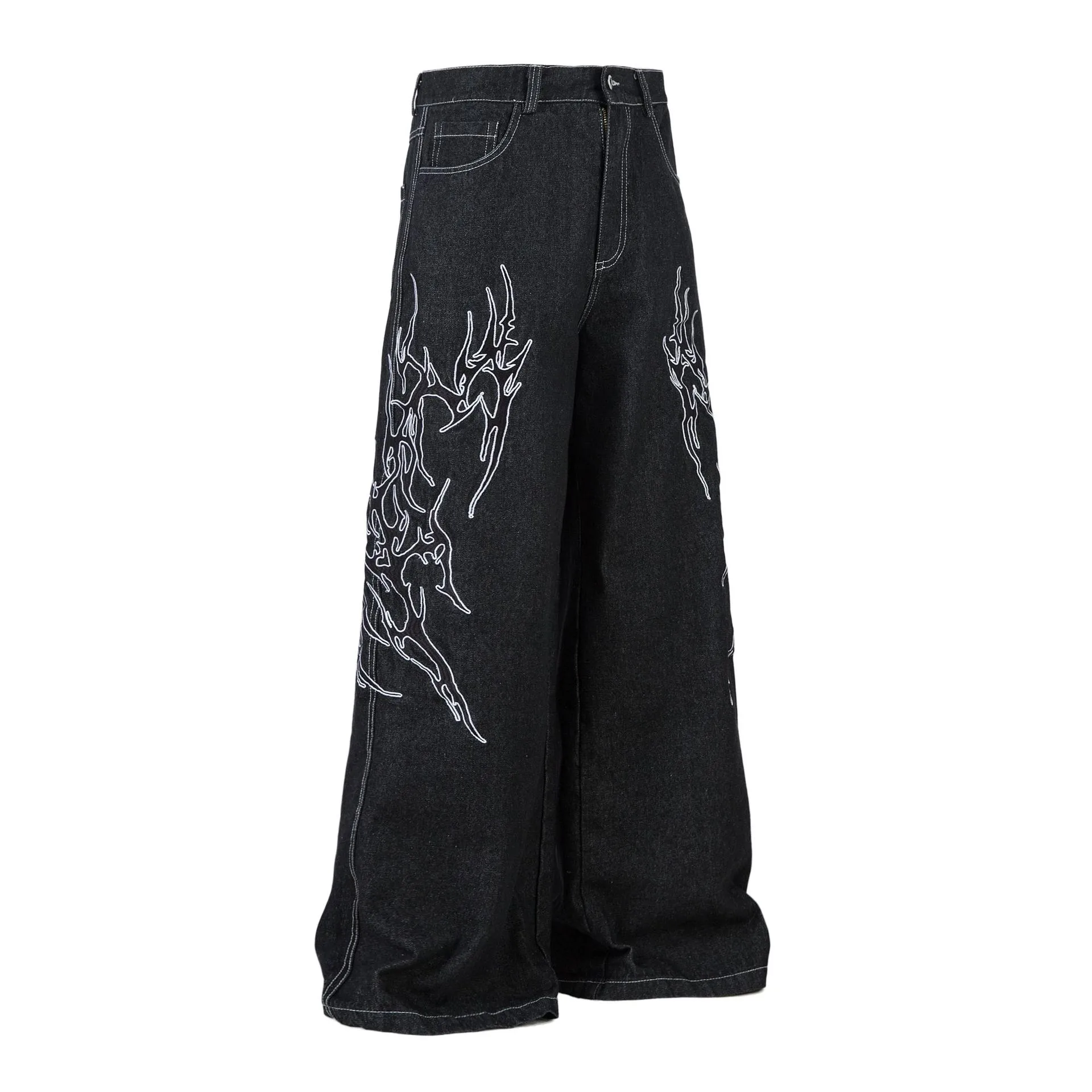 Jiayiku Men's  New Jeans American High Street RO Style Advanced Embroidered Jeans Wide Leg Pants display picture 4