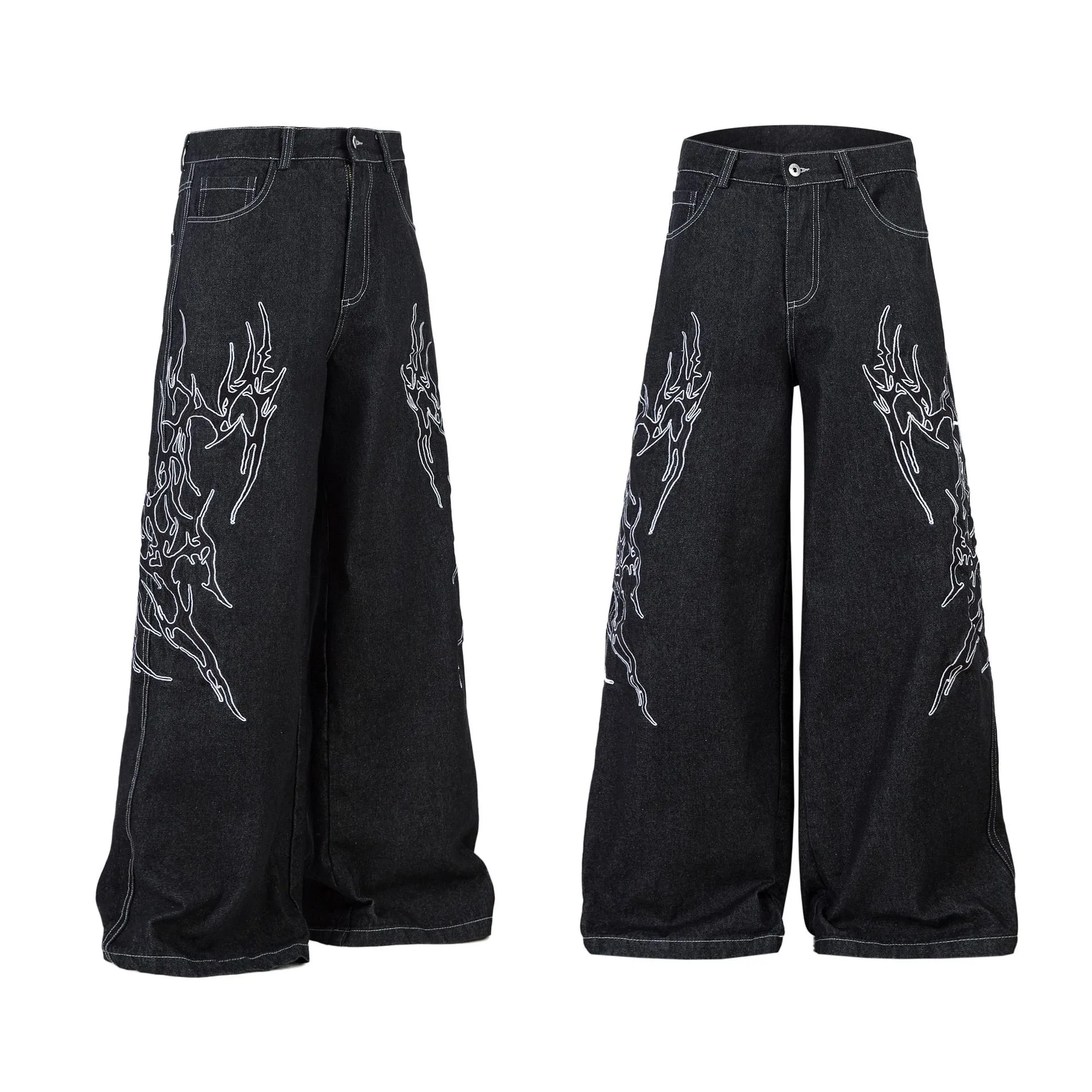 Jiayiku Men's  New Jeans American High Street RO Style Advanced Embroidered Jeans Wide Leg Pants display picture 2