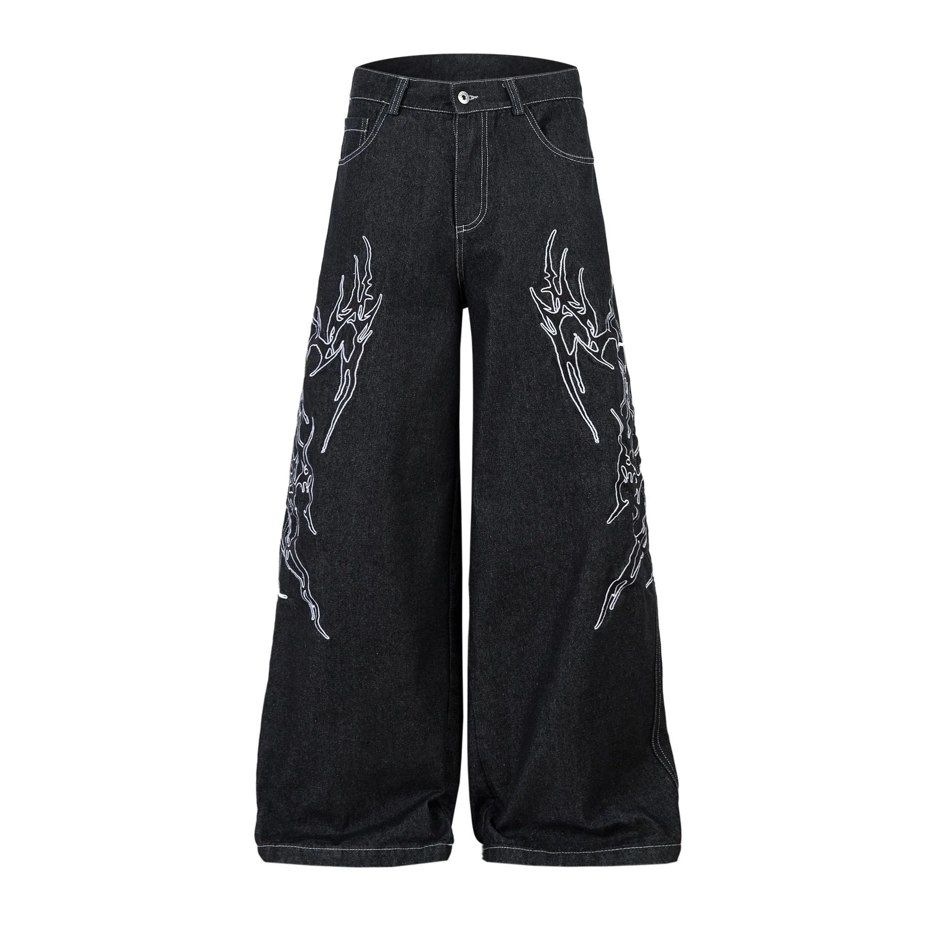 Jiayiku Men's  New Jeans American High Street RO Style Advanced Embroidered Jeans Wide Leg Pants display picture 3