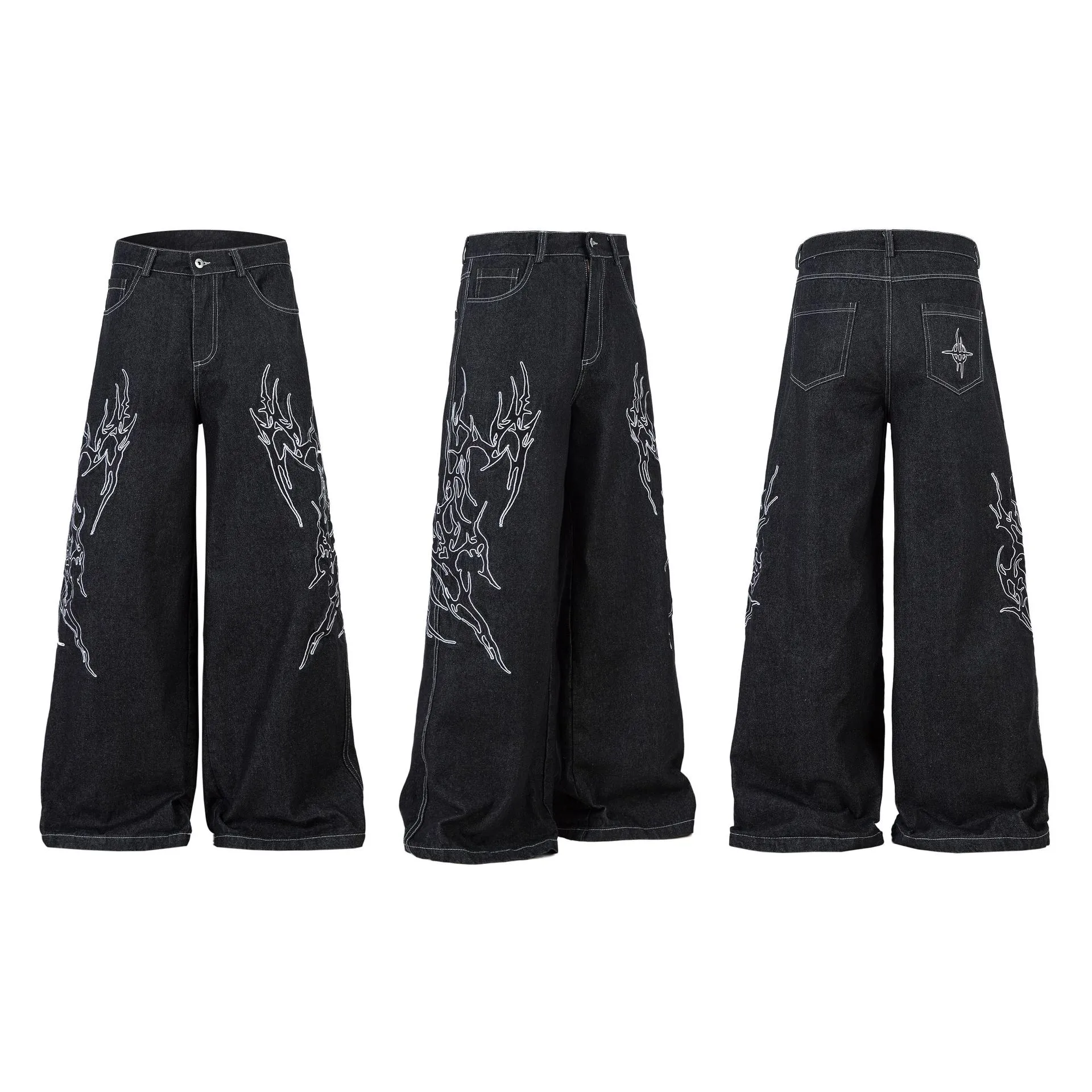 Jiayiku Men's  New Jeans American High Street RO Style Advanced Embroidered Jeans Wide Leg Pants display picture 6