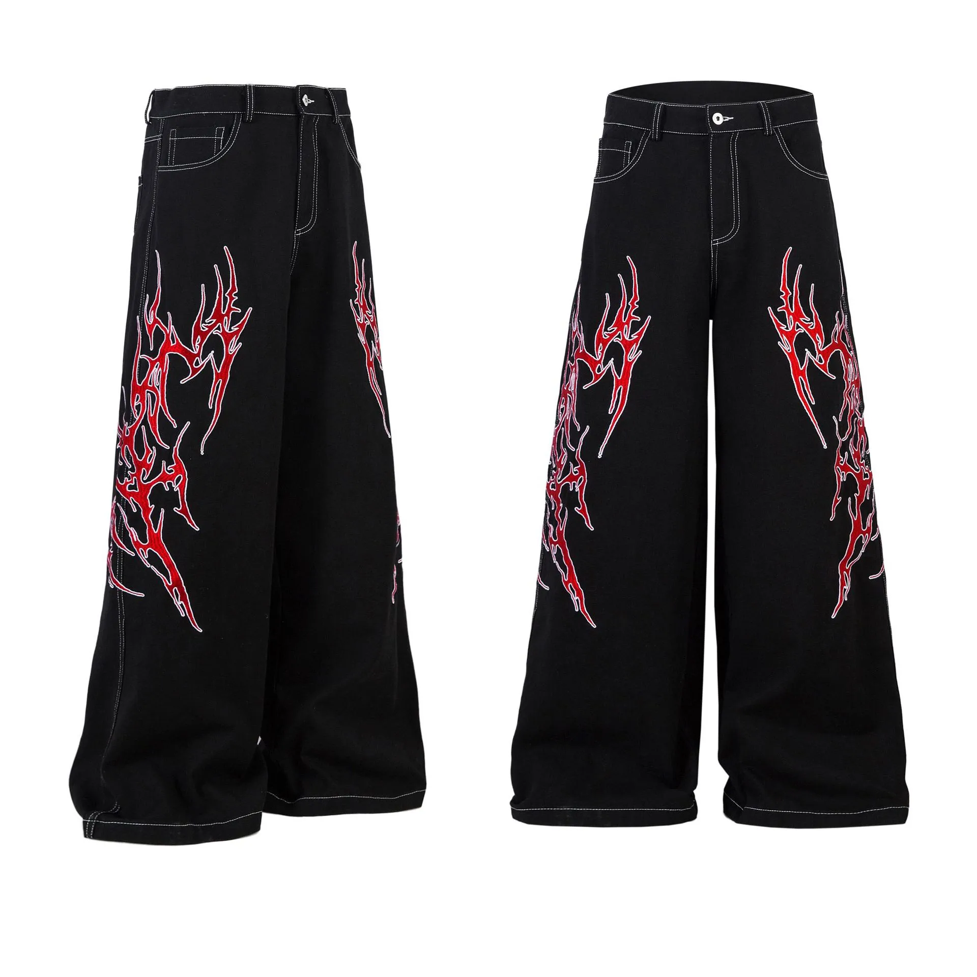 Jiayiku Men's  New Jeans American High Street RO Style Advanced Embroidered Jeans Wide Leg Pants display picture 7