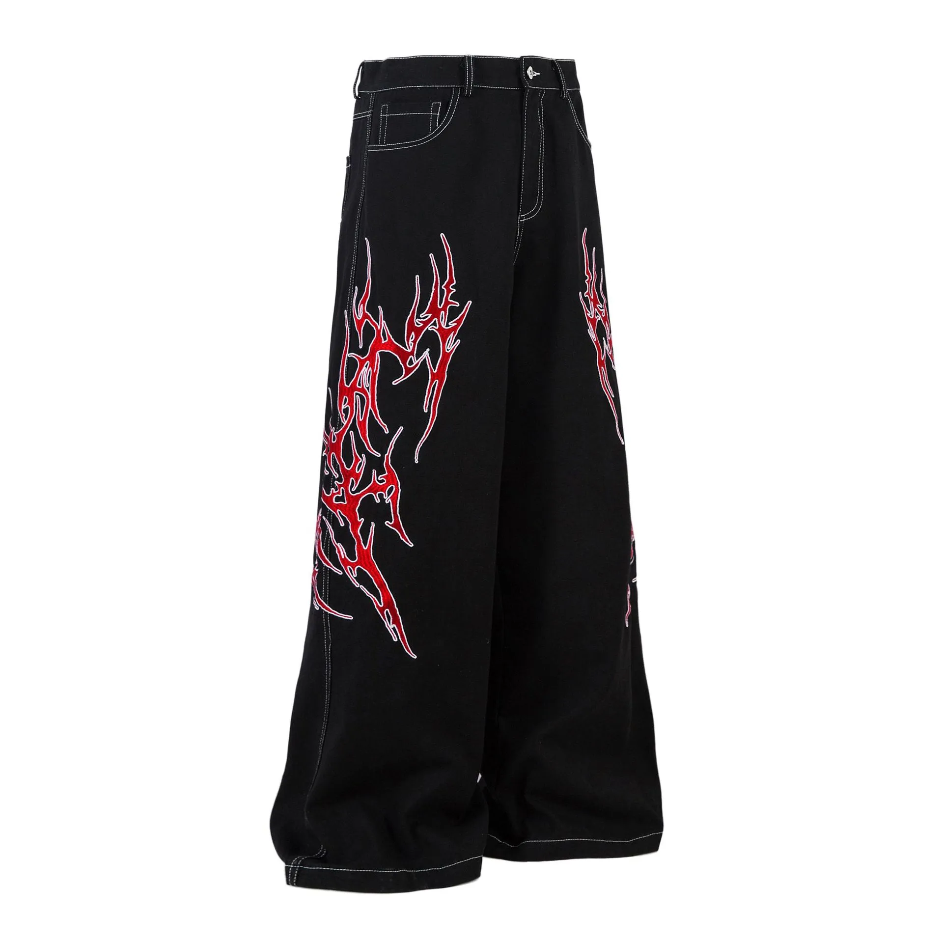 Spring  High Street RO Wind Structure Split Flame Embroidery Washed Primary Color Jeans Loose Wide Leg Pants display picture 11