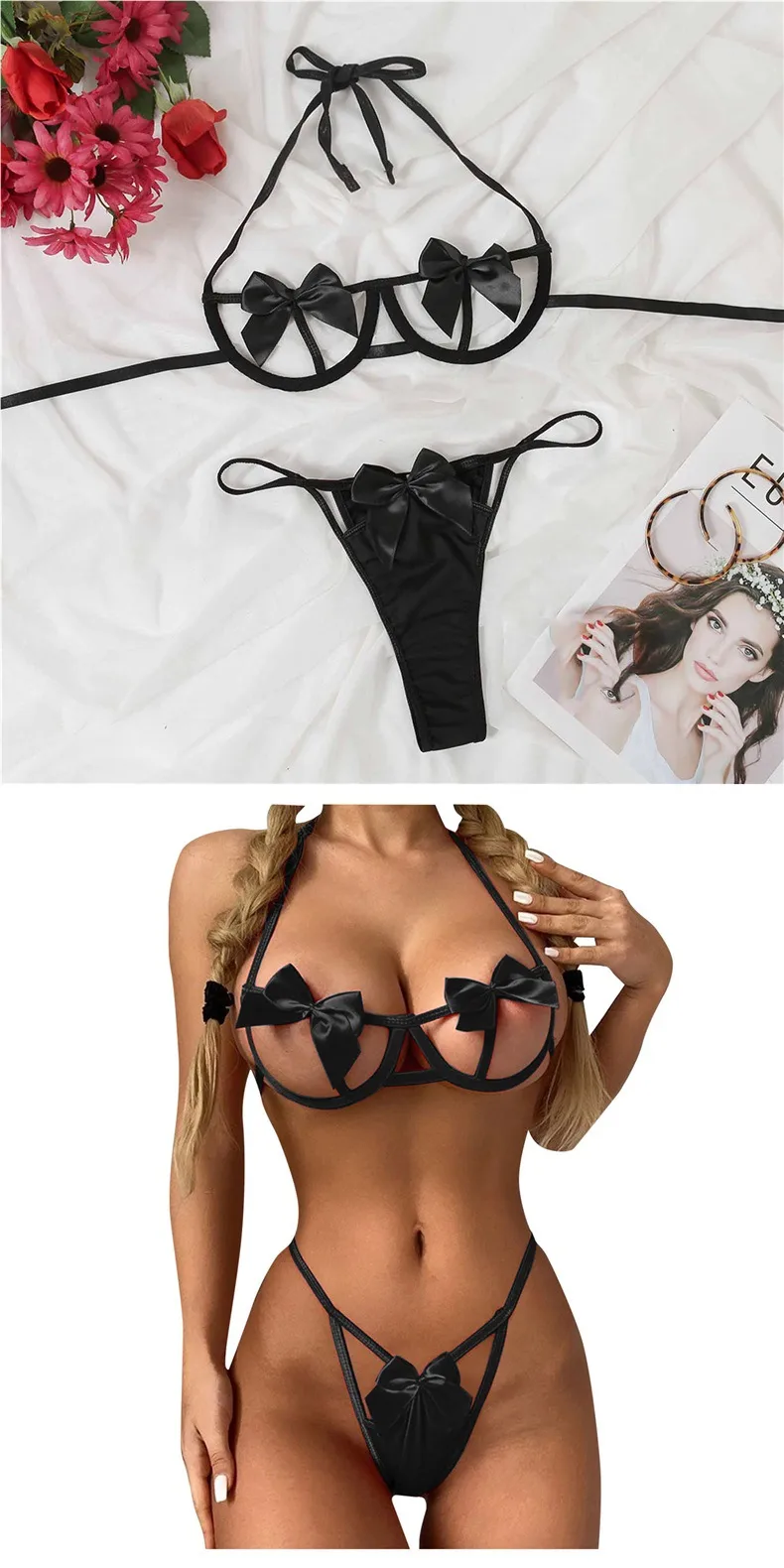 Sexy Underwear New  Foreign Trade Steel Bow Bikini Sexy Hollow Three-point Suit Wholesale Generation display picture 4