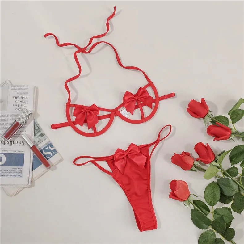 Sexy Underwear New  Foreign Trade Steel Bow Bikini Sexy Hollow Three-point Suit Wholesale Generation display picture 6