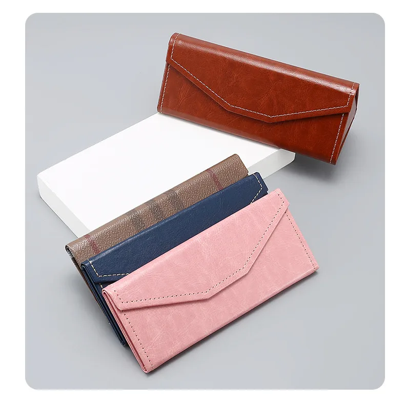 New Style Glasses Case Color Old Cowhide Anti-pressure Manual Pressing Triangle Folding Glasses Case Can Be Printed LOGO display picture 5