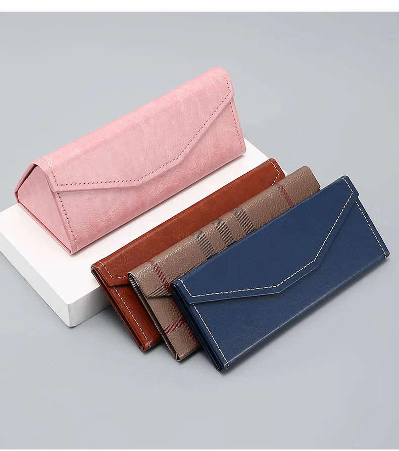 New Style Glasses Case Color Old Cowhide Anti-pressure Manual Pressing Triangle Folding Glasses Case Can Be Printed LOGO display picture 6