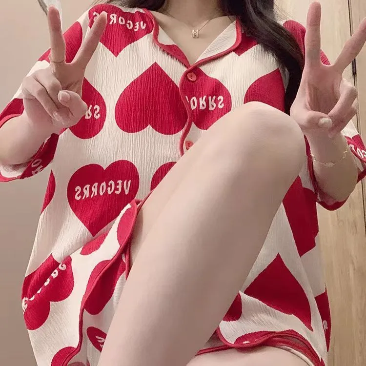 With Chest Pad Explosions Pajamas Women's Summer Thin Short-sleeved Shorts Cartoon Cute Women's Buttons Home Clothes Suit display picture 11