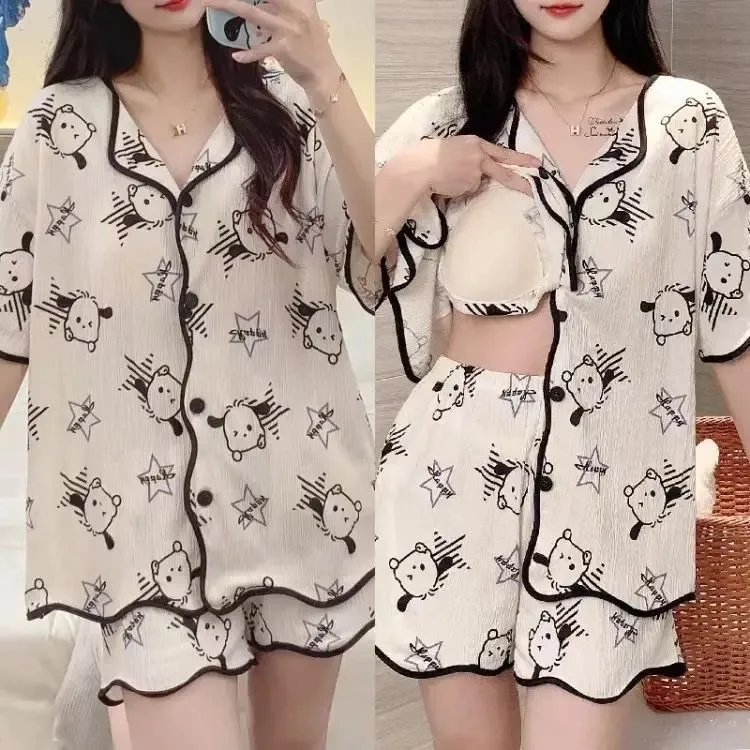 With Chest Pad Explosions Pajamas Women's Summer Thin Short-sleeved Shorts Cartoon Cute Women's Buttons Home Clothes Suit display picture 1