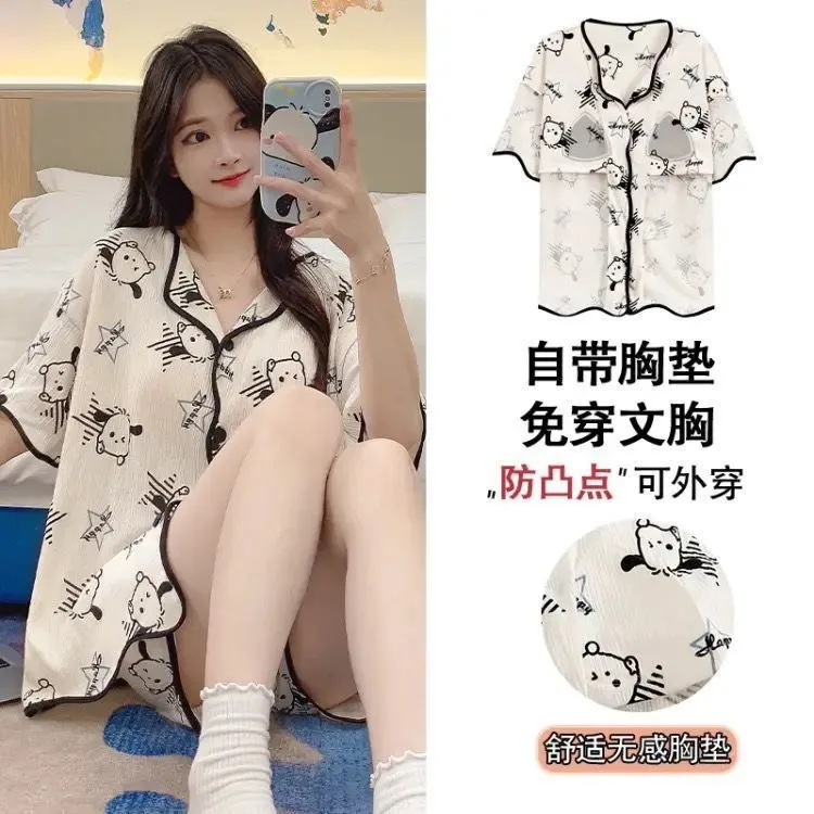 With Chest Pad Explosions Pajamas Women's Summer Thin Short-sleeved Shorts Cartoon Cute Women's Buttons Home Clothes Suit display picture 2