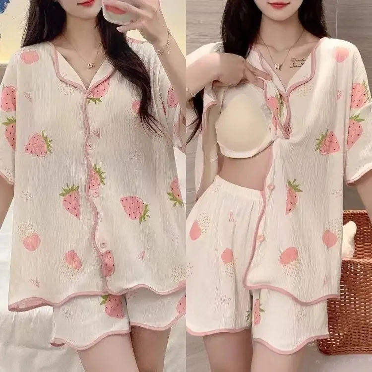 With Chest Pad Explosions Pajamas Women's Summer Thin Short-sleeved Shorts Cartoon Cute Women's Buttons Home Clothes Suit display picture 3
