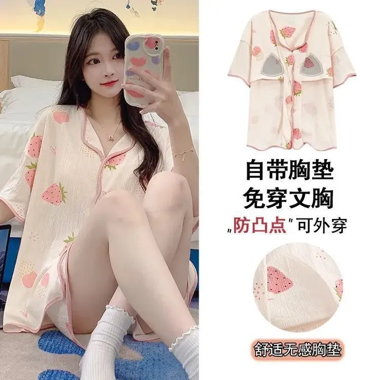 With Chest Pad Explosions Pajamas Women's Summer Thin Short-sleeved Shorts Cartoon Cute Women's Buttons Home Clothes Suit display picture 4