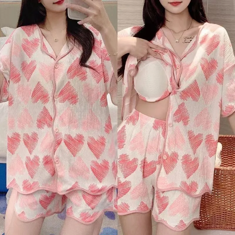 With Chest Pad Explosions Pajamas Women's Summer Thin Short-sleeved Shorts Cartoon Cute Women's Buttons Home Clothes Suit display picture 5