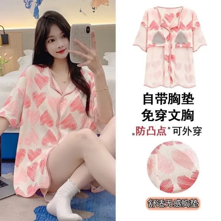 With Chest Pad Explosions Pajamas Women's Summer Thin Short-sleeved Shorts Cartoon Cute Women's Buttons Home Clothes Suit display picture 6