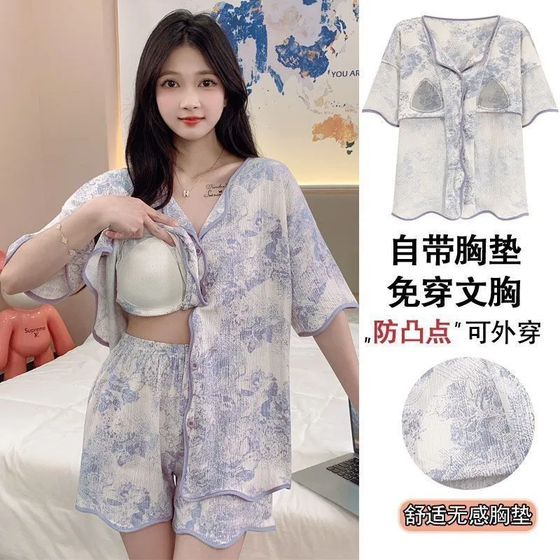 With Chest Pad Explosions Pajamas Women's Summer Thin Short-sleeved Shorts Cartoon Cute Women's Buttons Home Clothes Suit display picture 8