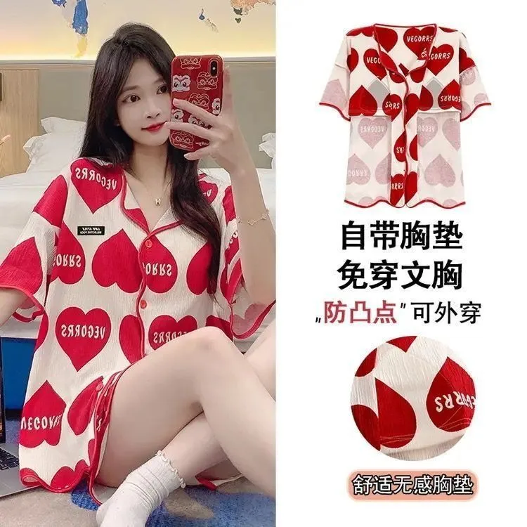 With Chest Pad Explosions Pajamas Women's Summer Thin Short-sleeved Shorts Cartoon Cute Women's Buttons Home Clothes Suit display picture 9
