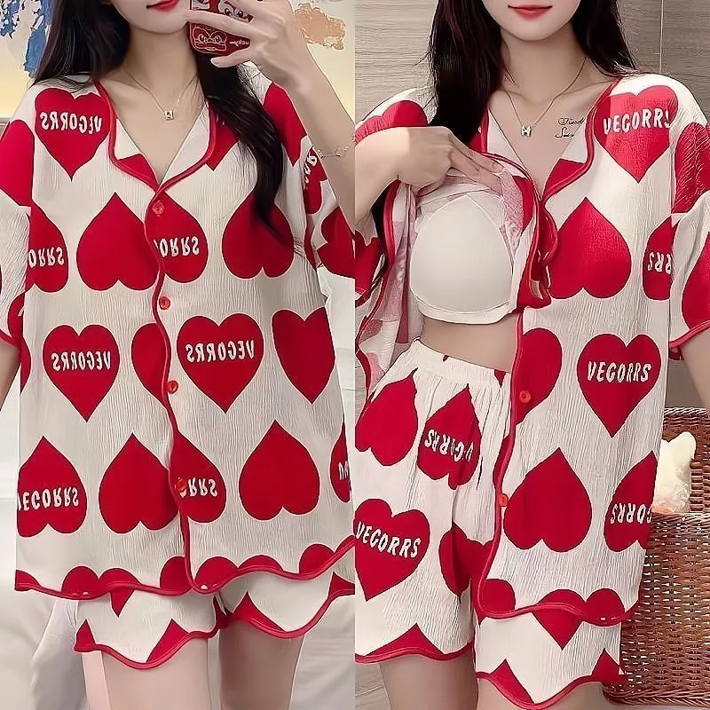 With Chest Pad Explosions Pajamas Women's Summer Thin Short-sleeved Shorts Cartoon Cute Women's Buttons Home Clothes Suit display picture 10
