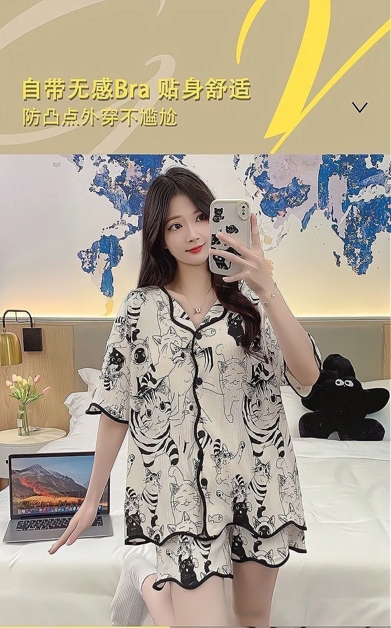With Chest Pad Explosions Pajamas Women's Summer Thin Short-sleeved Shorts Cartoon Cute Women's Buttons Home Clothes Suit display picture 13