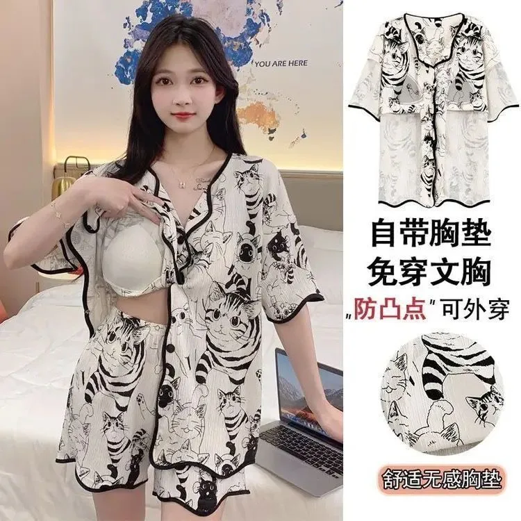 With Chest Pad Explosions Pajamas Women's Summer Thin Short-sleeved Shorts Cartoon Cute Women's Buttons Home Clothes Suit display picture 14