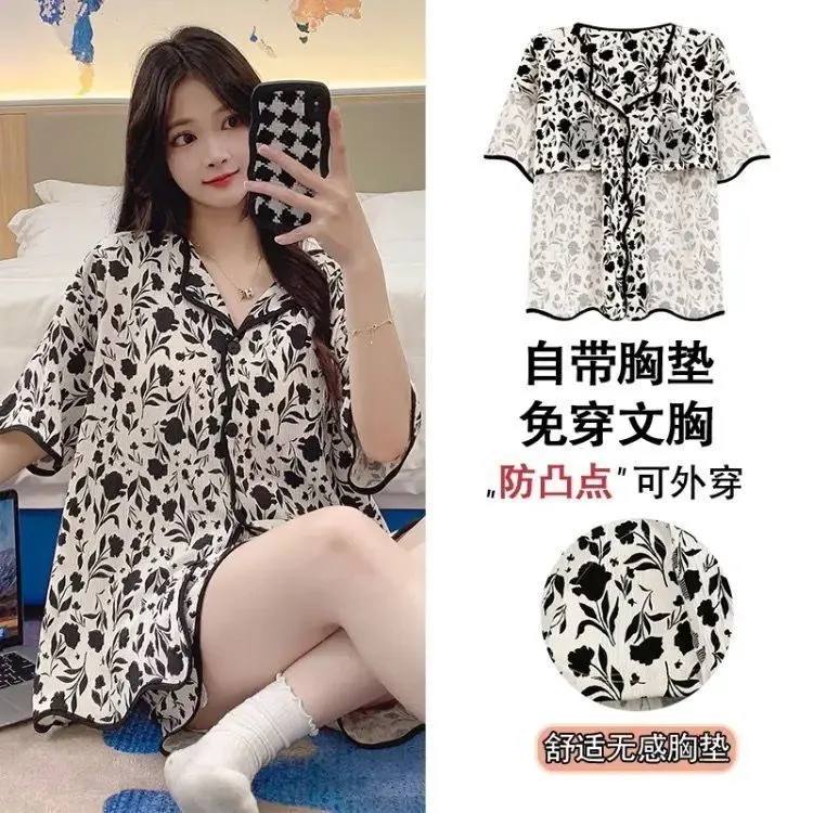 With Chest Pad Explosions Pajamas Women's Summer Thin Short-sleeved Shorts Cartoon Cute Women's Buttons Home Clothes Suit display picture 16