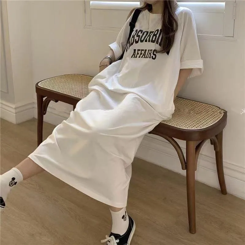 Hong Kong-style Summer Short-sleeved T-shirt Dress Women's New-style Loose Slimming Crewneck Letter Printed Mid-length Over-the-knee Dress display picture 12