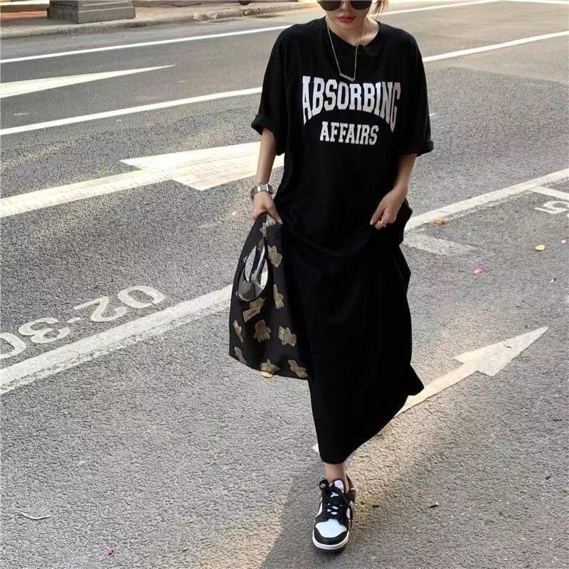 Hong Kong-style Summer Short-sleeved T-shirt Dress Women's New-style Loose Slimming Crewneck Letter Printed Mid-length Over-the-knee Dress display picture 10