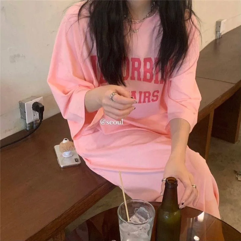 Hong Kong-style Summer Short-sleeved T-shirt Dress Women's New-style Loose Slimming Crewneck Letter Printed Mid-length Over-the-knee Dress display picture 3
