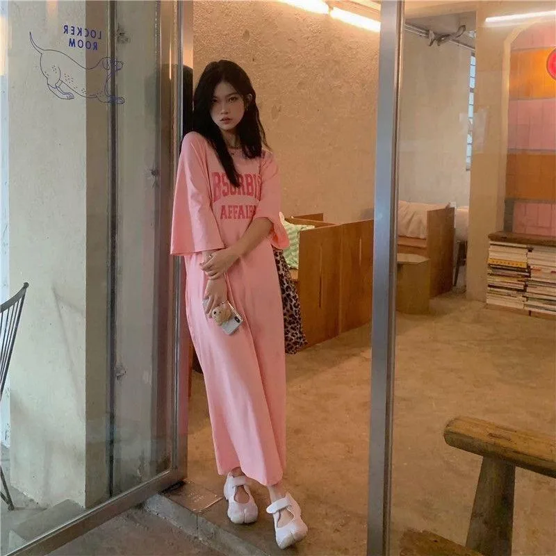 Hong Kong-style Summer Short-sleeved T-shirt Dress Women's New-style Loose Slimming Crewneck Letter Printed Mid-length Over-the-knee Dress display picture 4