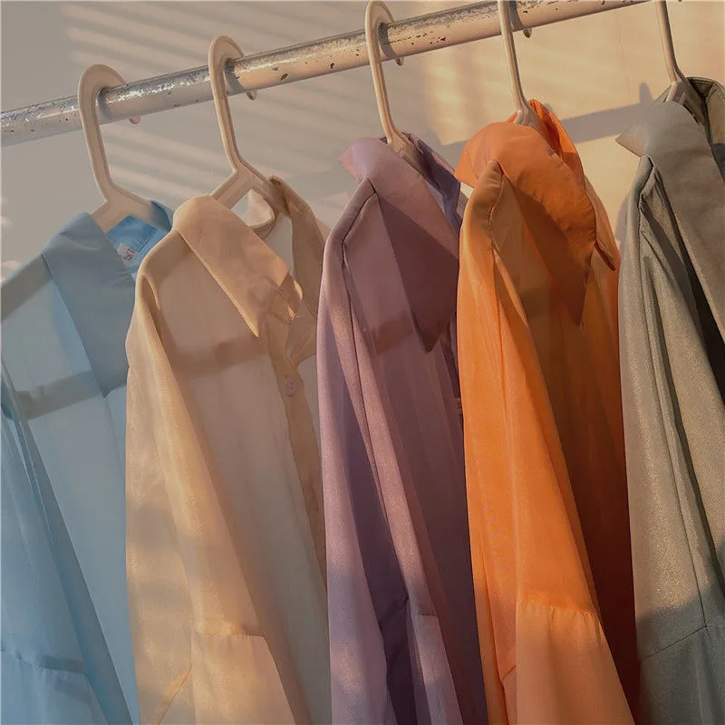 Good Quality Pearlescent Yarn Women's Summer Design Sense Thin Micro-transparent Long-sleeved Coat Sun-protective Shirt Loose Shirt display picture 1