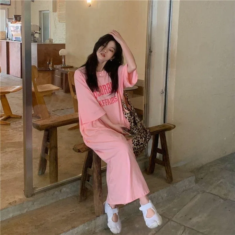 Hong Kong-style Summer Short-sleeved T-shirt Dress Women's New-style Loose Slimming Crewneck Letter Printed Mid-length Over-the-knee Dress display picture 6