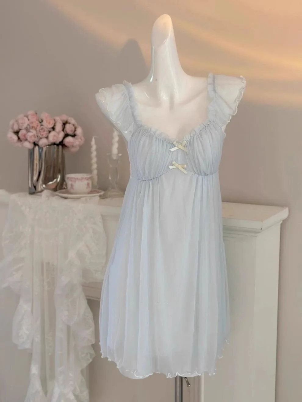 French Style Sling With Chest Pad One-piece Nightdress Pure Sexy Mesh Long Pajamas Summer New Home Clothes display picture 2