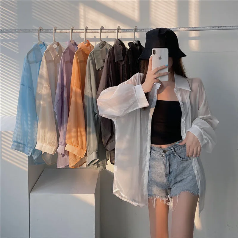 Good Quality Pearlescent Yarn Women's Summer Design Sense Thin Micro-transparent Long-sleeved Coat Sun-protective Shirt Loose Shirt display picture 2