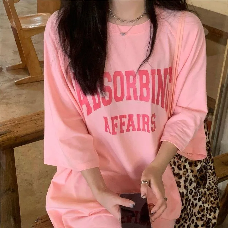Hong Kong-style Summer Short-sleeved T-shirt Dress Women's New-style Loose Slimming Crewneck Letter Printed Mid-length Over-the-knee Dress display picture 8
