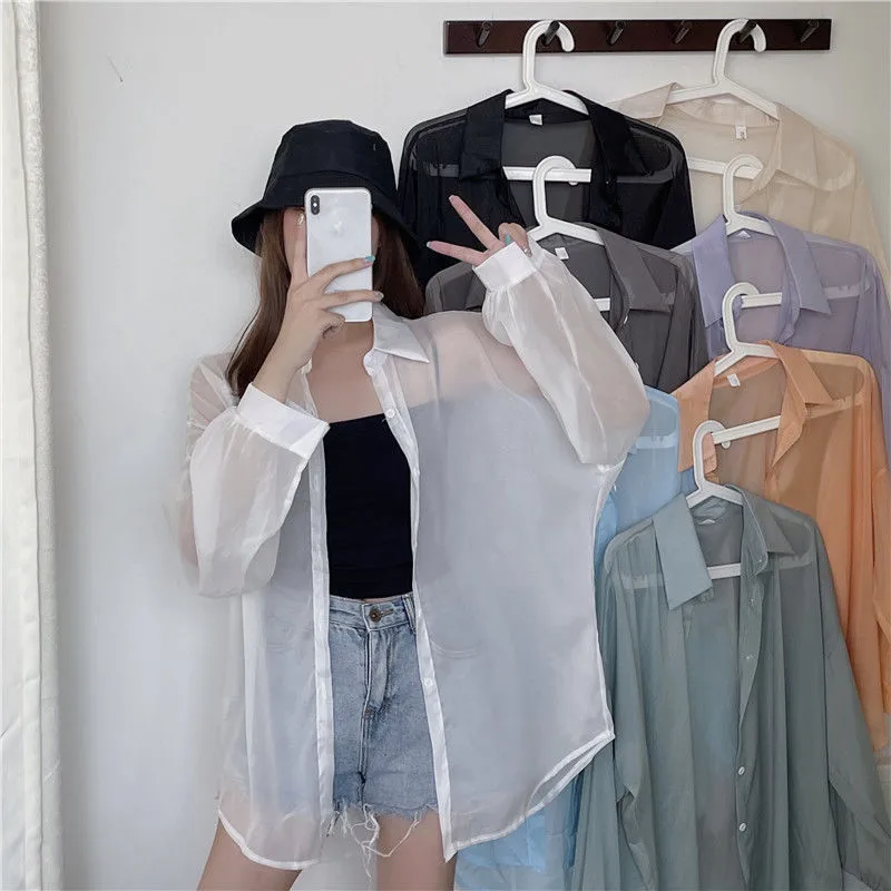 Good Quality Pearlescent Yarn Women's Summer Design Sense Thin Micro-transparent Long-sleeved Coat Sun-protective Shirt Loose Shirt display picture 3