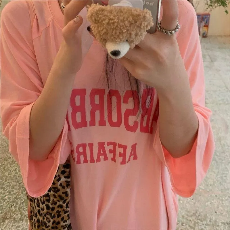 Hong Kong-style Summer Short-sleeved T-shirt Dress Women's New-style Loose Slimming Crewneck Letter Printed Mid-length Over-the-knee Dress display picture 9