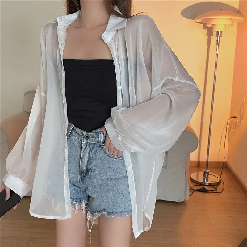 Good Quality Pearlescent Yarn Women's Summer Design Sense Thin Micro-transparent Long-sleeved Coat Sun-protective Shirt Loose Shirt display picture 4