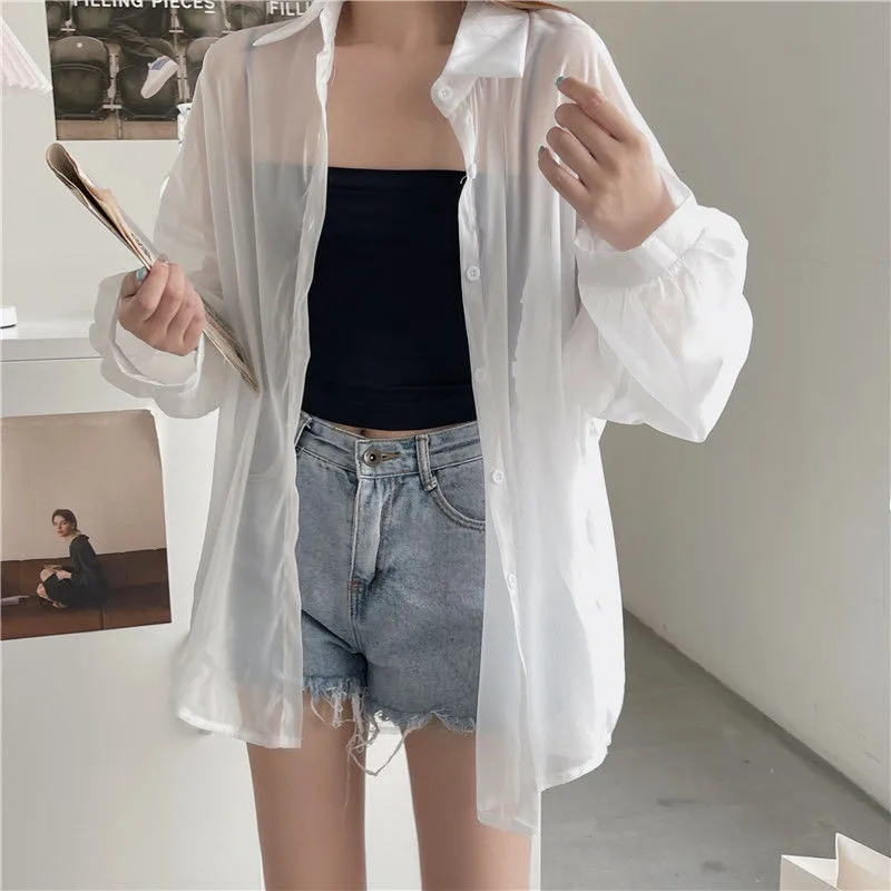 Good Quality Pearlescent Yarn Women's Summer Design Sense Thin Micro-transparent Long-sleeved Coat Sun-protective Shirt Loose Shirt display picture 5