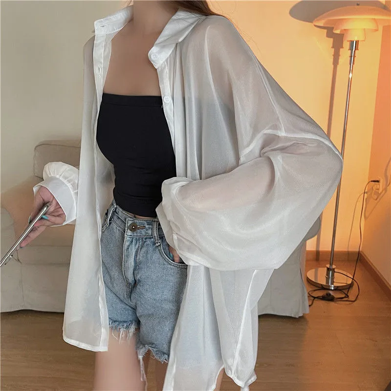 Good Quality Pearlescent Yarn Women's Summer Design Sense Thin Micro-transparent Long-sleeved Coat Sun-protective Shirt Loose Shirt display picture 6
